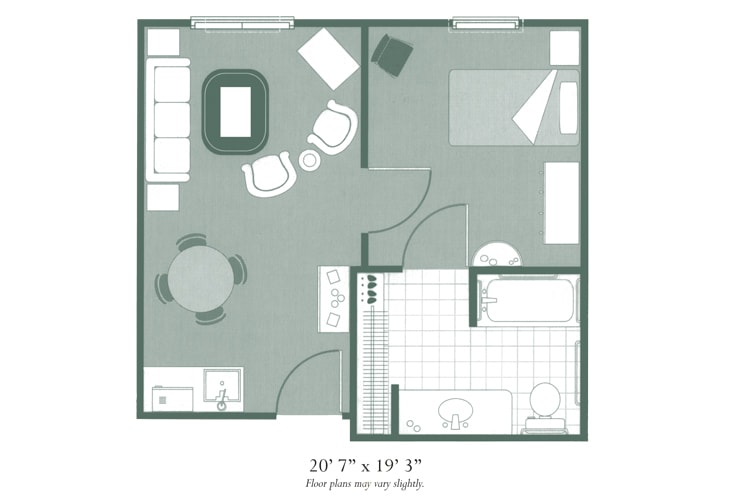 Studio apartment floor plan layout with furniture placement.