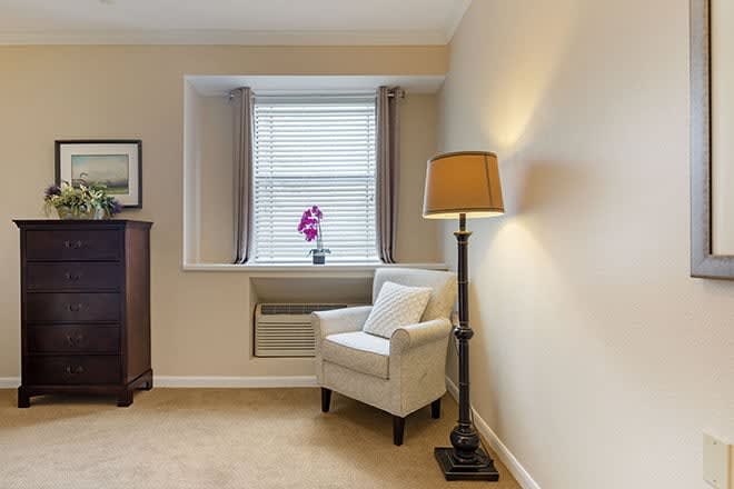 A cozy living room corner with an armchair, floor lamp, and a flower pot by the window.
