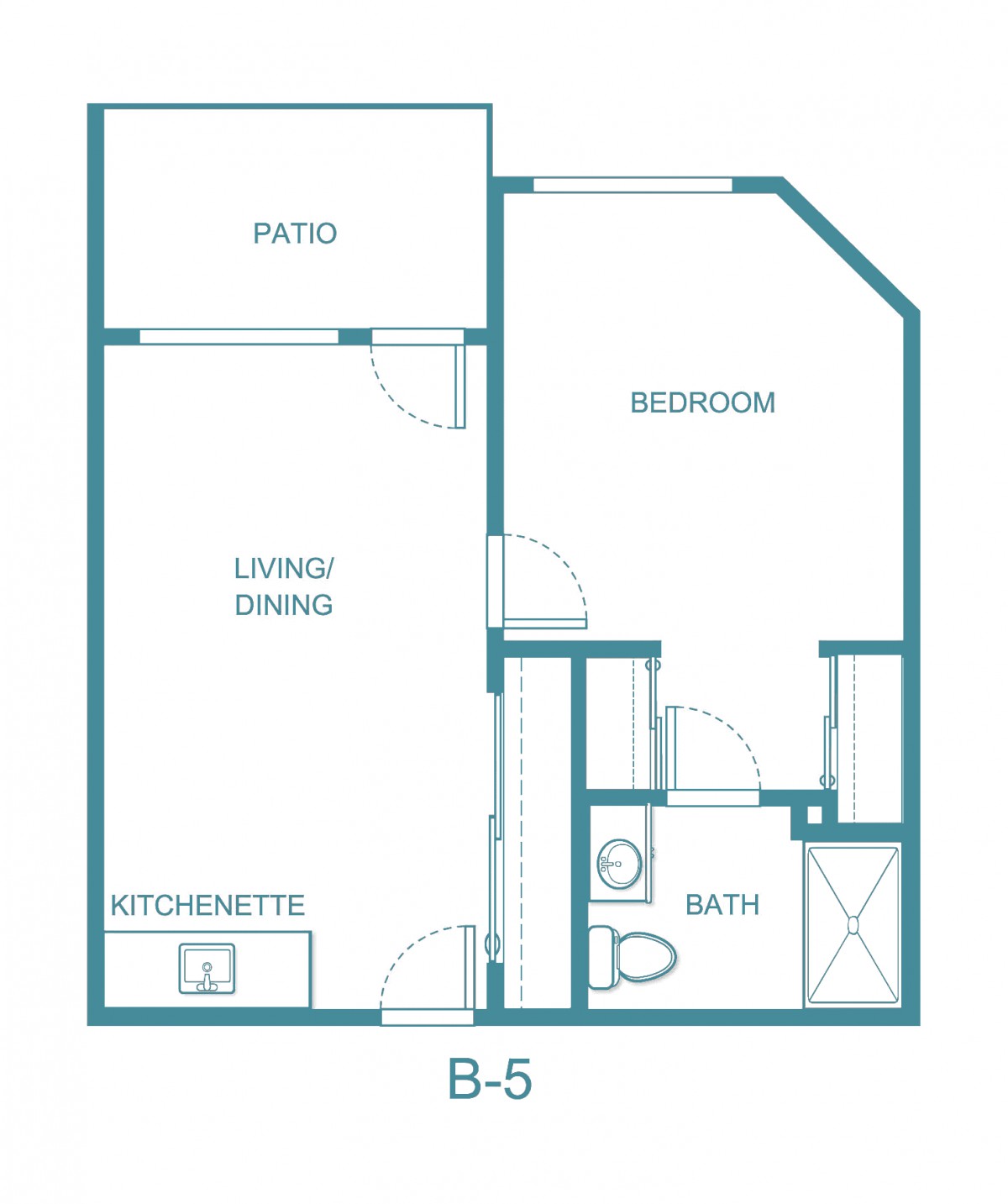 A floor plan of a one-bedroom apartment featuring a kitchenette, living/dining area, bathroom, and patio.