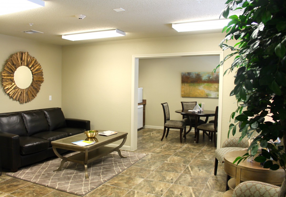 A cozy living and dining space featuring modern furniture, artwork on the wall, and indoor plants.