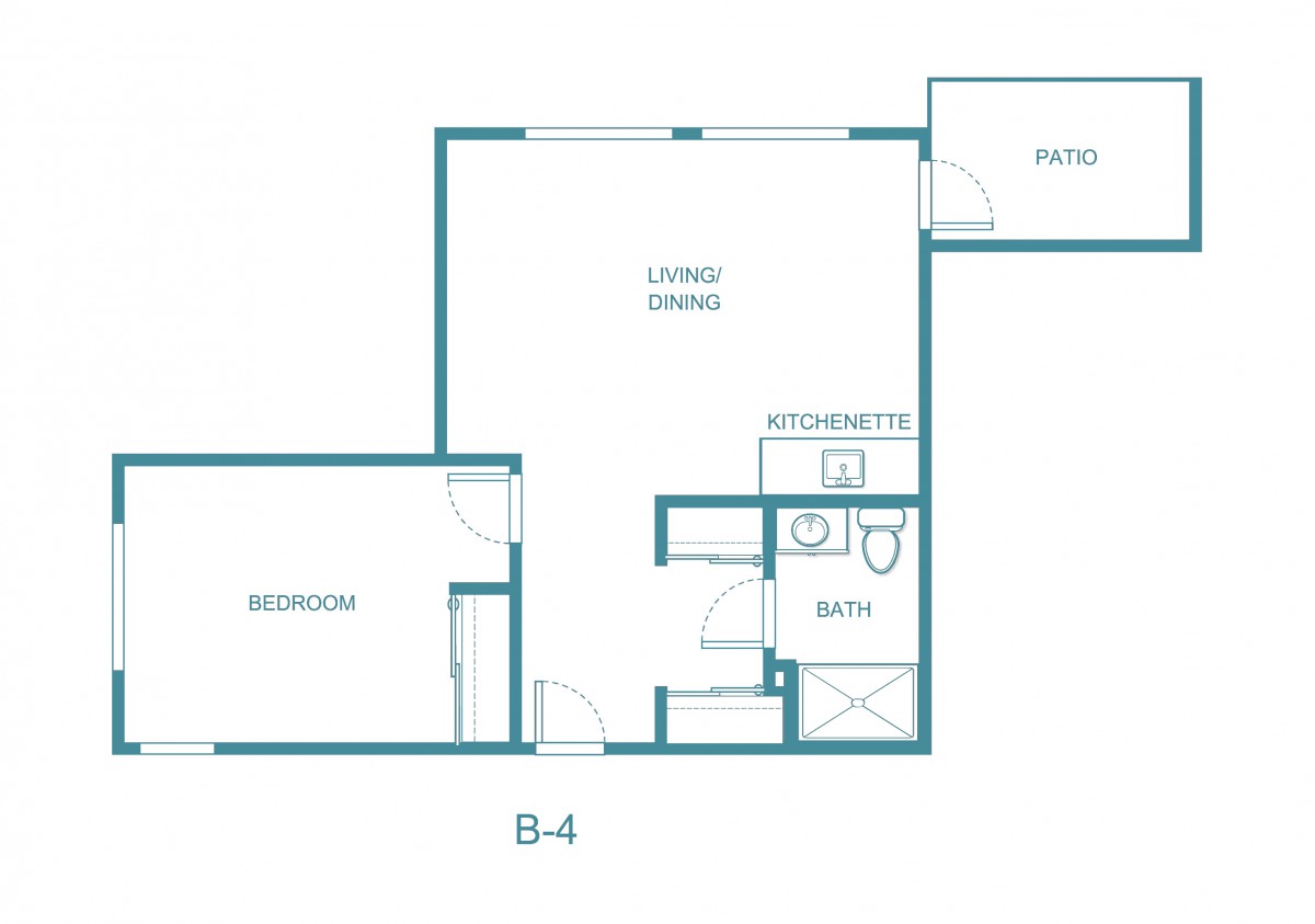 Floor plan of a one-bedroom apartment featuring a living/dining area, kitchen, bathroom, and patio.