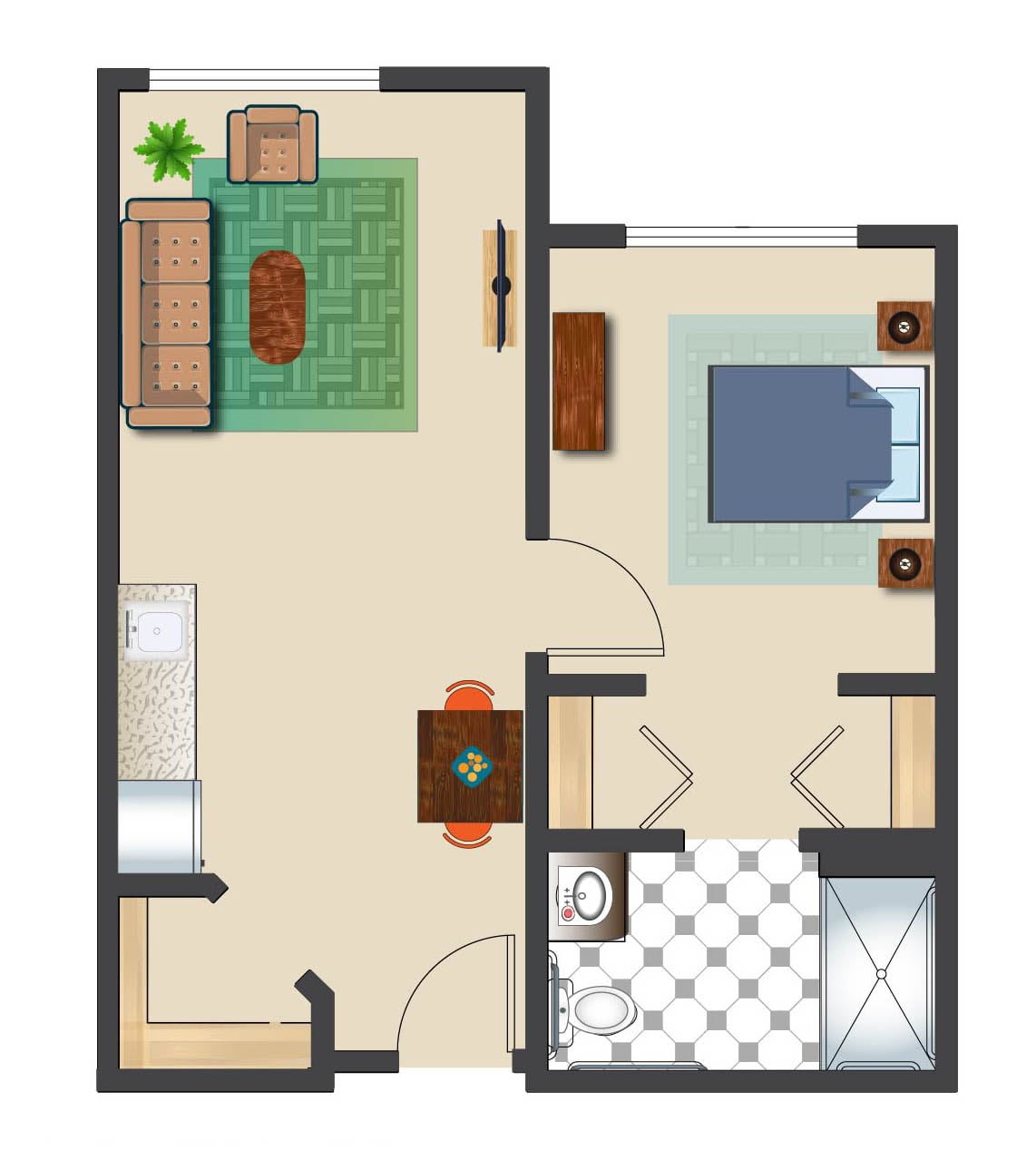 A simple one-bedroom apartment floor plan with a living room, kitchen, and bathroom.