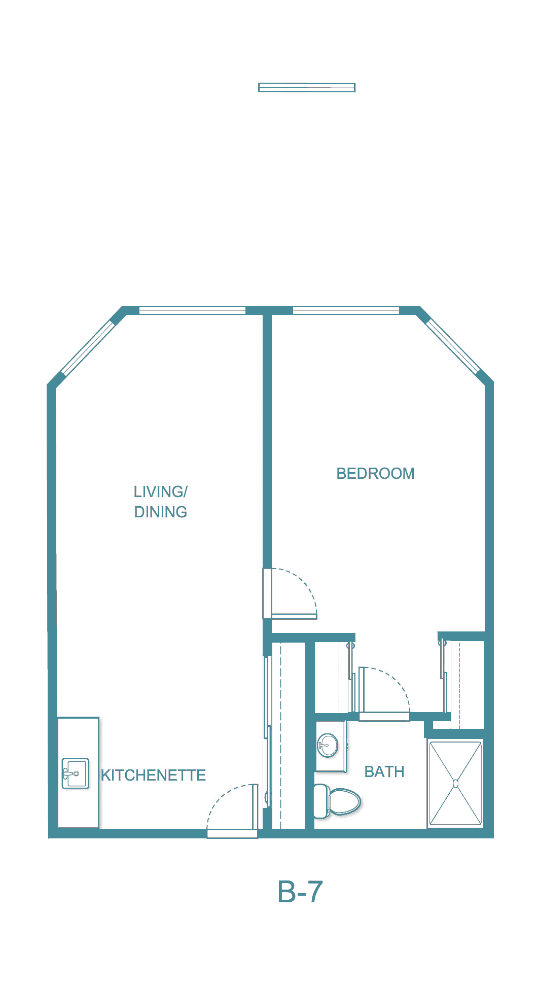Floor plan of a one-bedroom apartment layout.