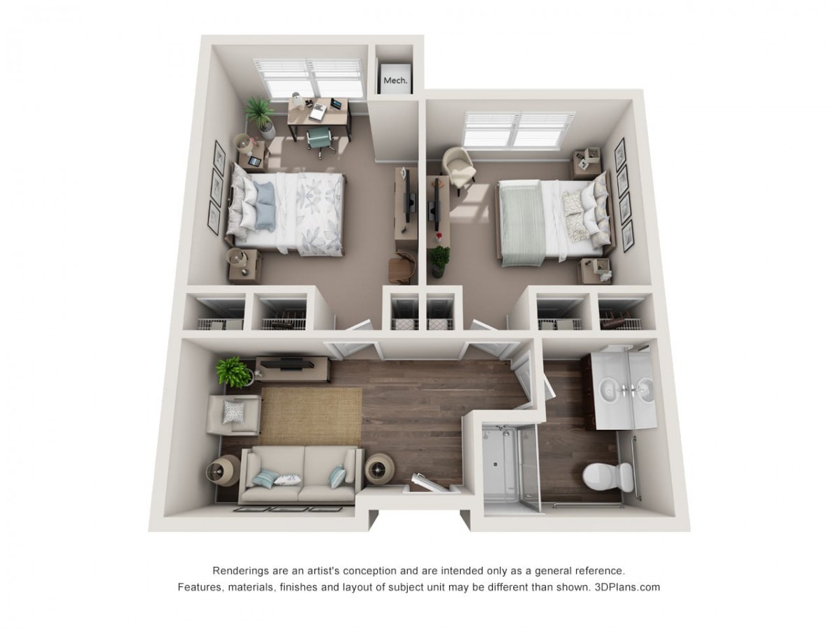 A 3D-rendered floor plan of a two-bedroom apartment layout featuring a living area, kitchen, and two bathrooms.