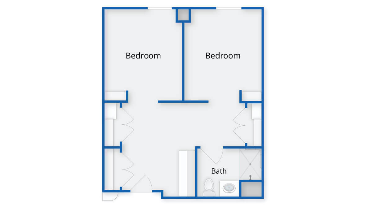 2-bedroom apartment floor plan with a bathroom.