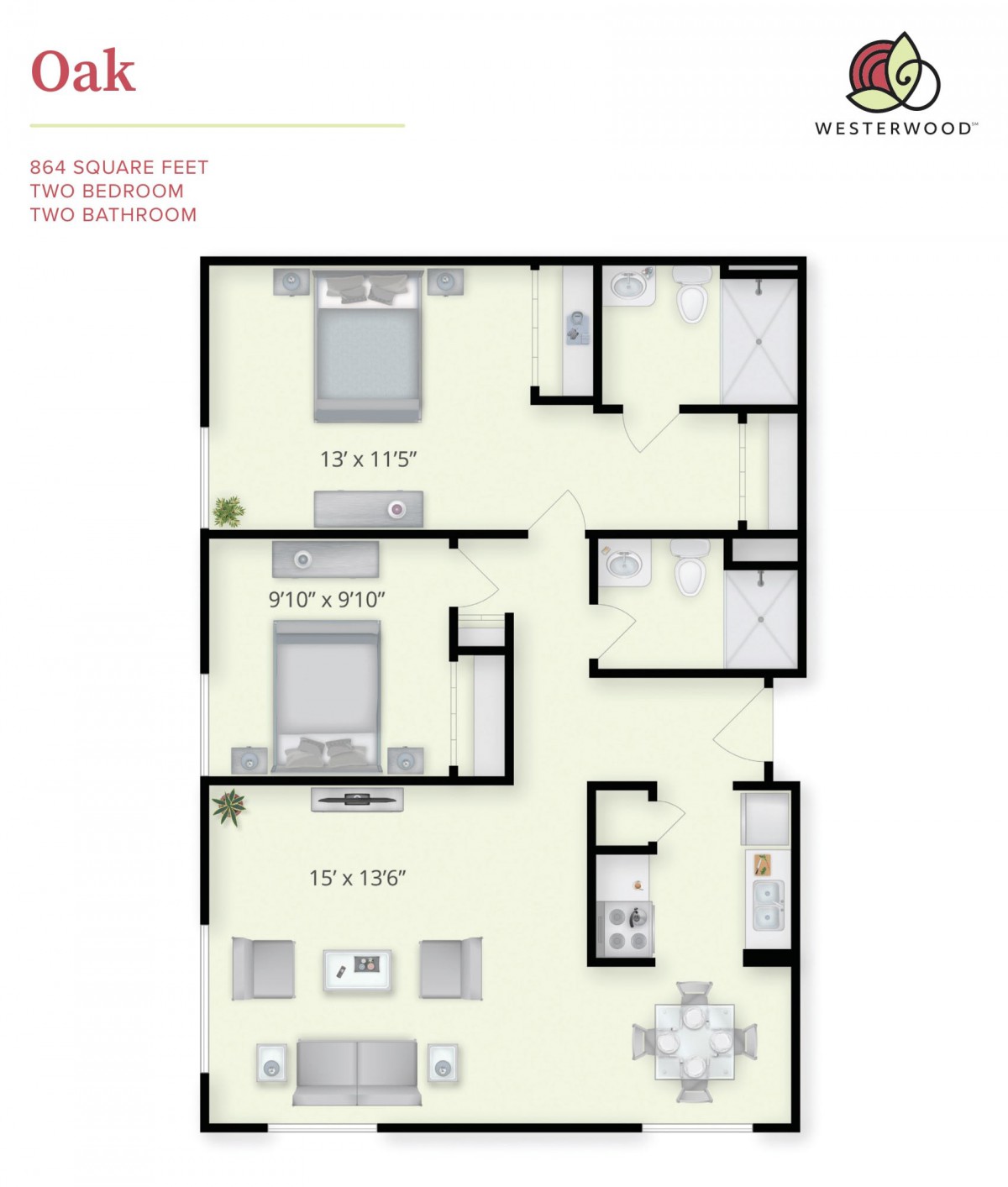 A detailed floor plan of a two-bedroom, three-bathroom apartment with kitchen and living area.