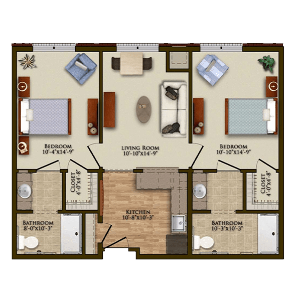 A 2-bedroom apartment floor plan with a central living room, kitchen, and two bathrooms.