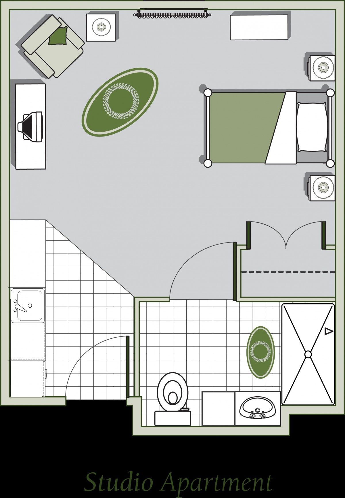 A floor plan of a one-bedroom apartment featuring a bedroom, bathroom, and living area.