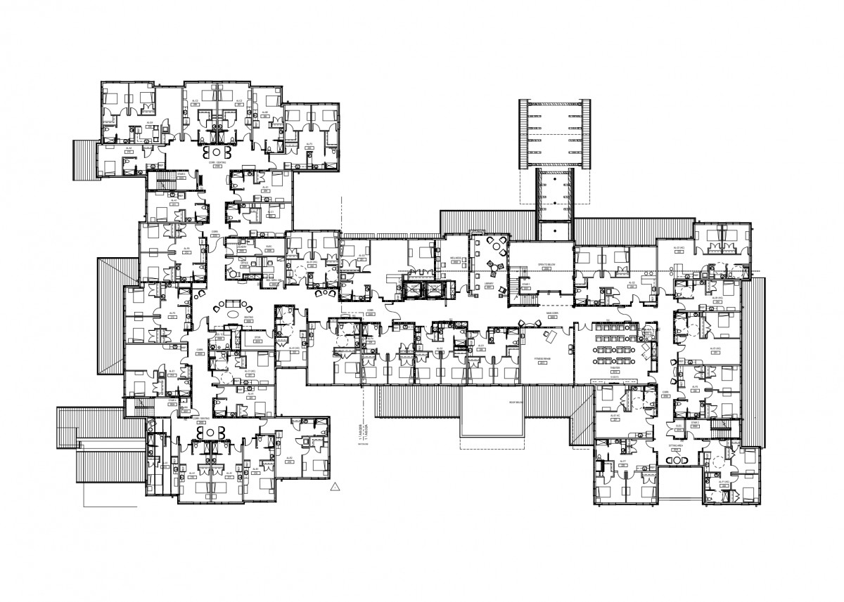 A detailed architectural floor plan showing the layout of a building with rooms, corridors, and structural elements.