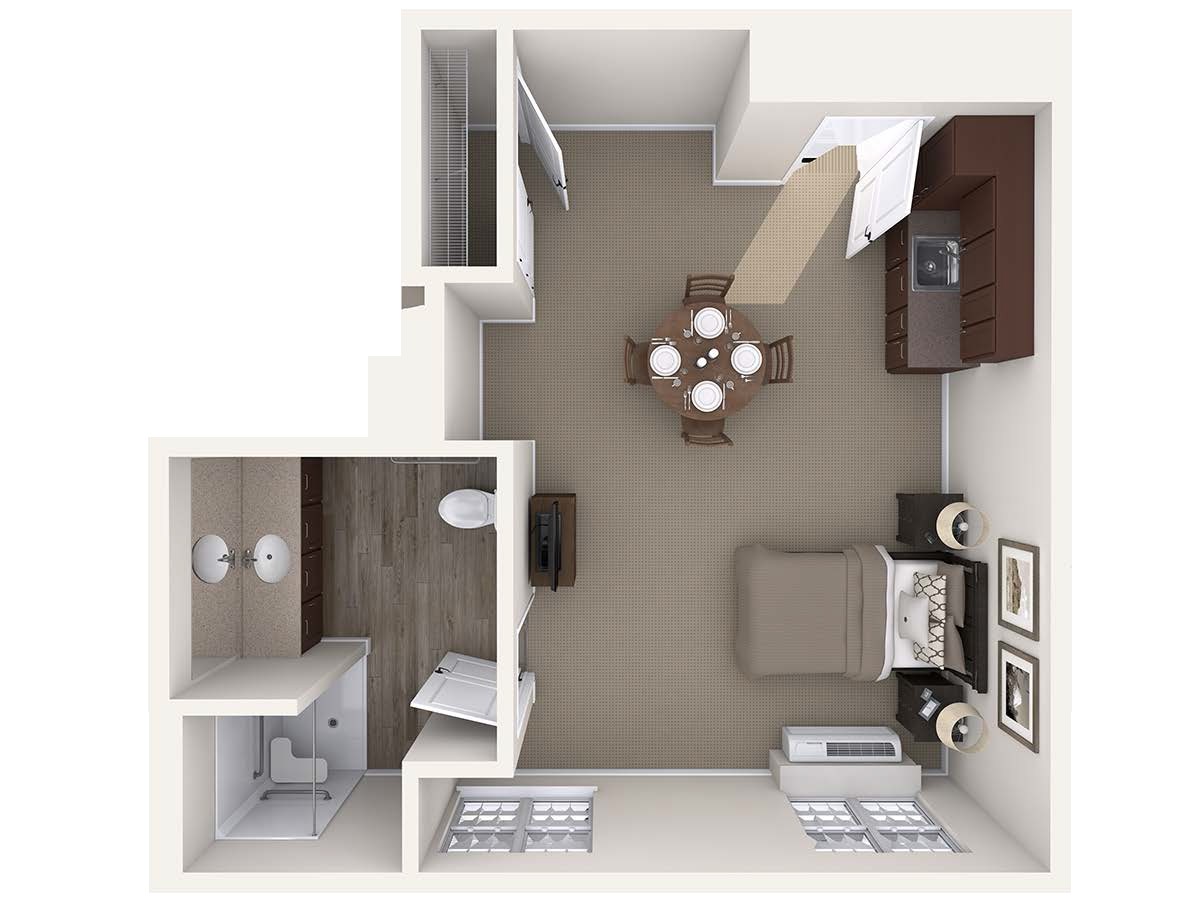 3D floor plan of a compact studio apartment with a bedroom, kitchen, dining area, and bathroom.