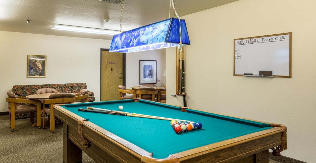 A cozy game room featuring a pool table with a cue stick and billiard balls under bright lighting.