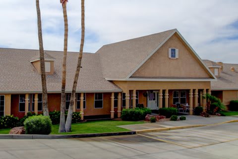 A residential house with a sloped roof and palm trees in the front yard.