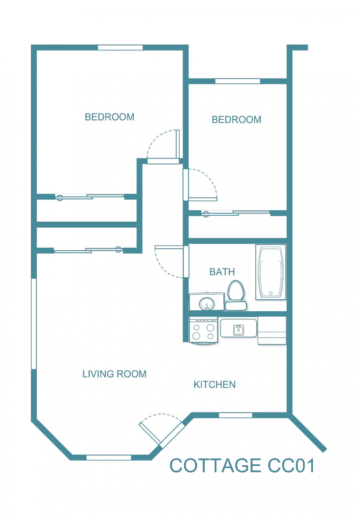 A simple floor plan showing two bedrooms, a living room, kitchen, and bathroom.