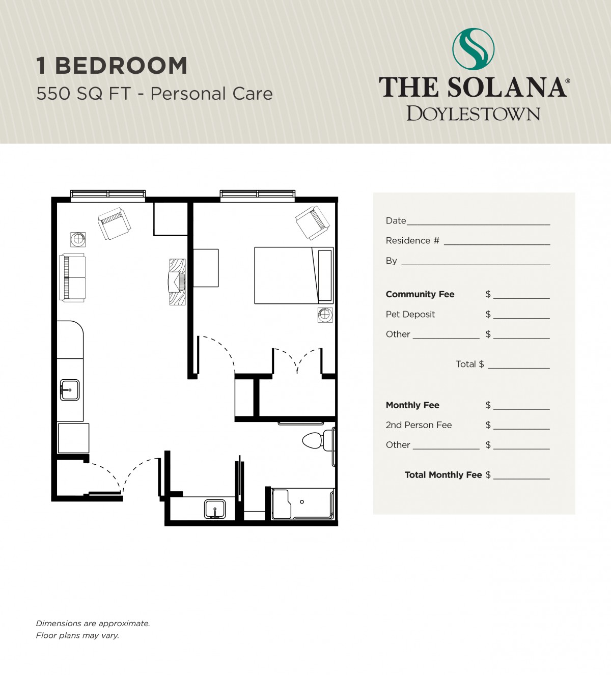 A floor plan detailing a 1-bedroom apartment for personal care at The Solana Doylestown.