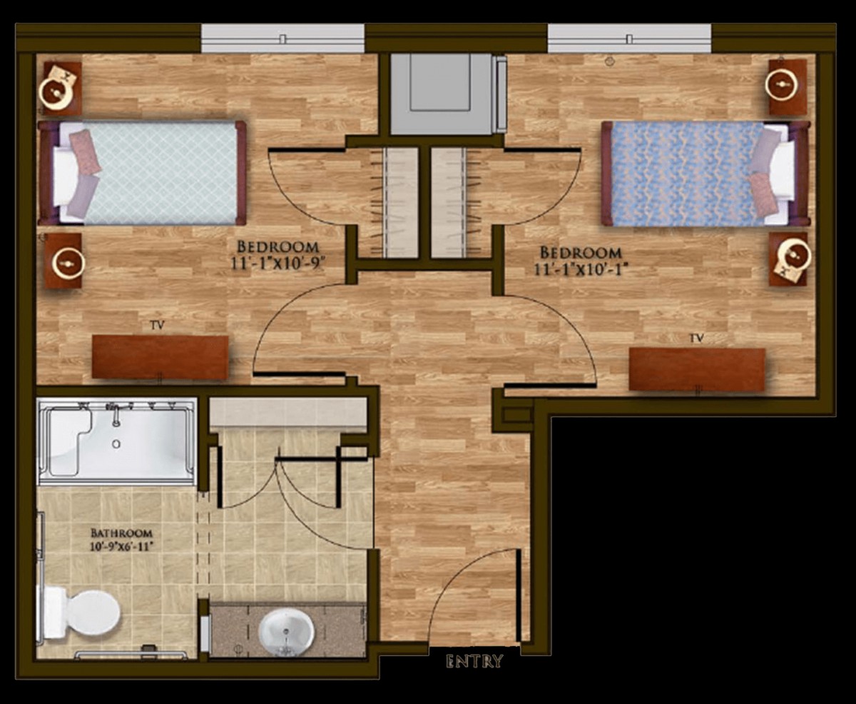 A detailed floor plan showing the layout of a residential space with two bedrooms and a bathroom.