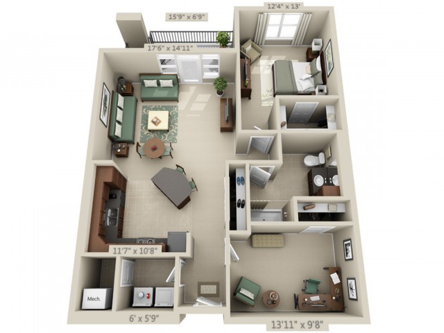 A two-bedroom apartment floor plan with a living room, kitchen, dining area, and one bathroom.
