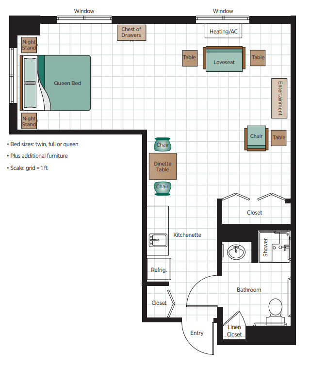 This image depicts a one-bedroom apartment floor plan with designated areas for a bedroom, kitchen, living room, and bathroom.
