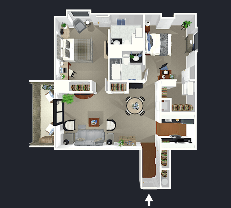 A 3D-rendered floor plan of an apartment featuring a living room, kitchen, bedrooms, and a balcony.