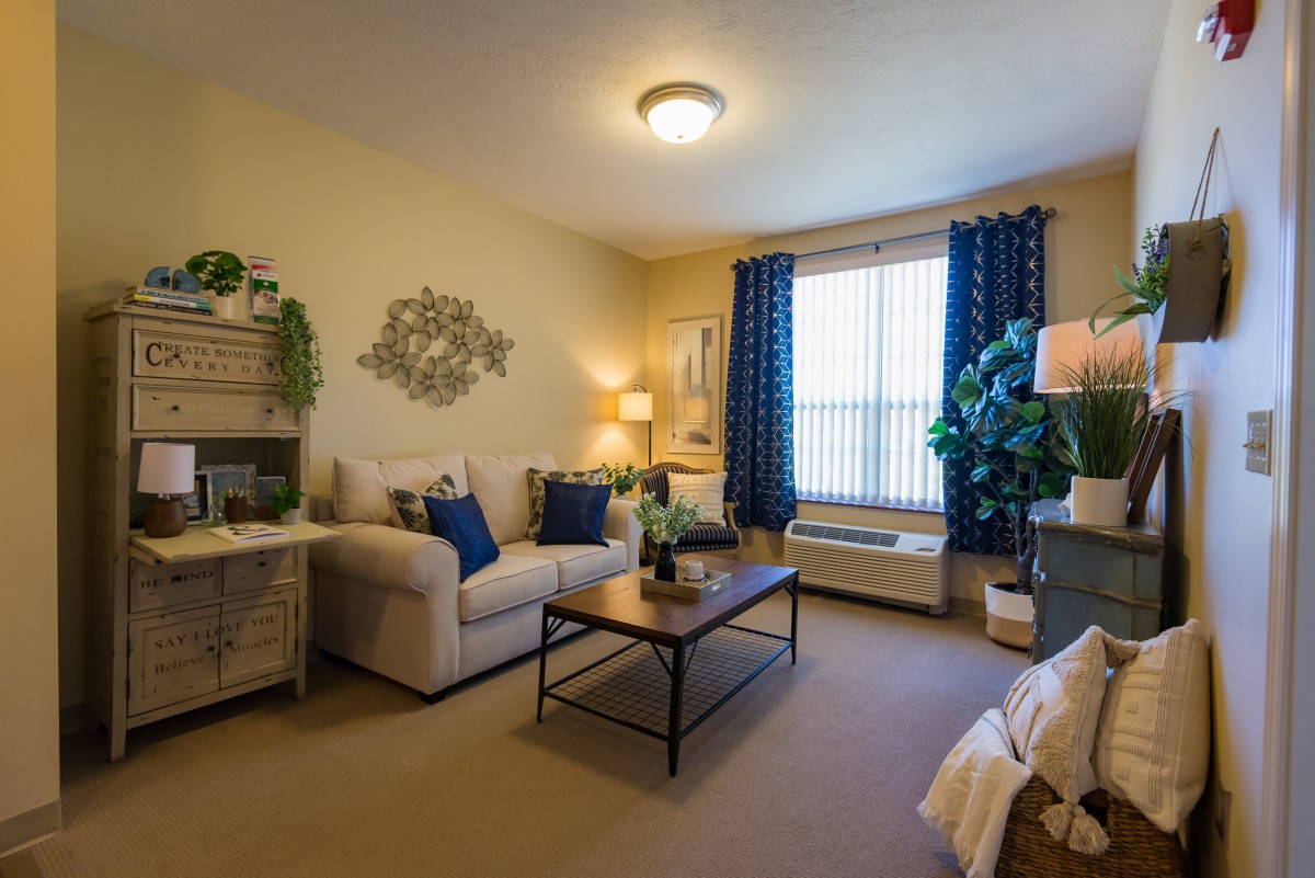 A cozy living room with a comfortable sofa, coffee table, and decorative elements, including indoor plants and stylish curtains.