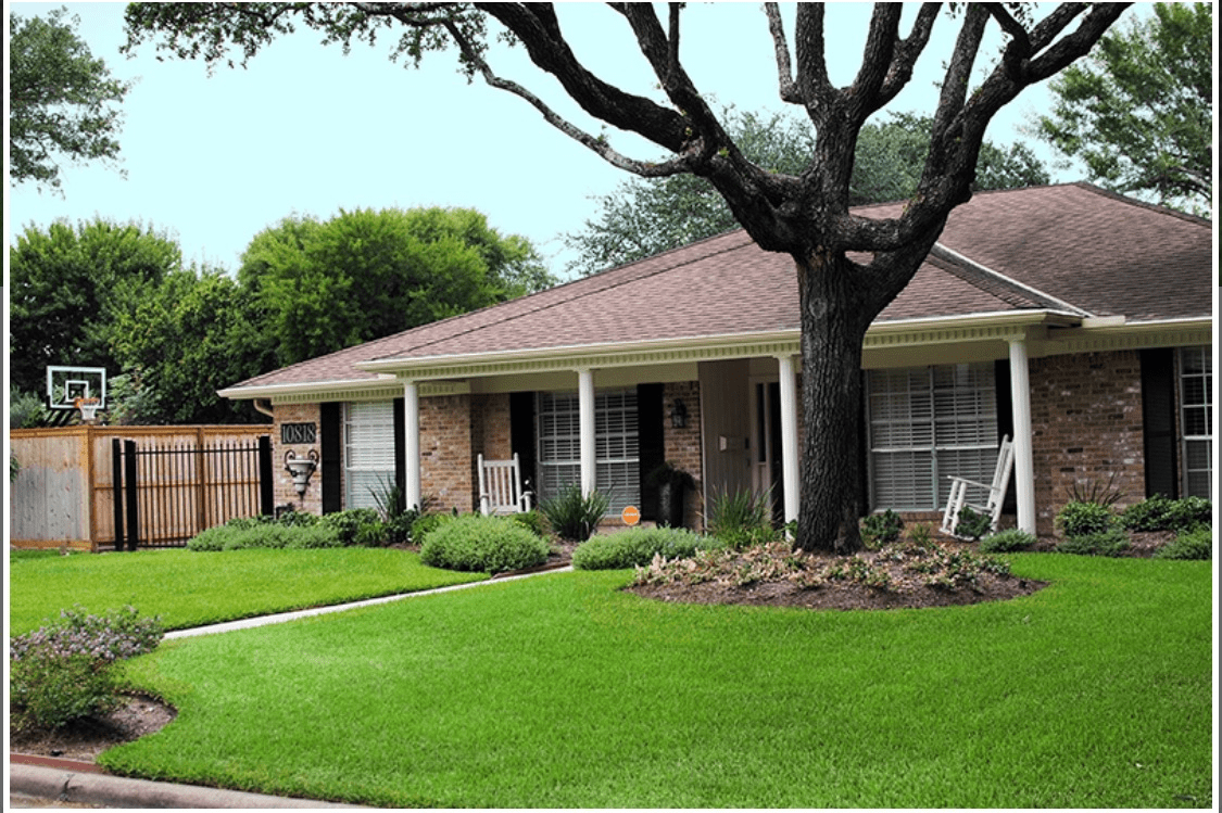 A suburban house with a well-maintained lawn and large tree in the front yard.