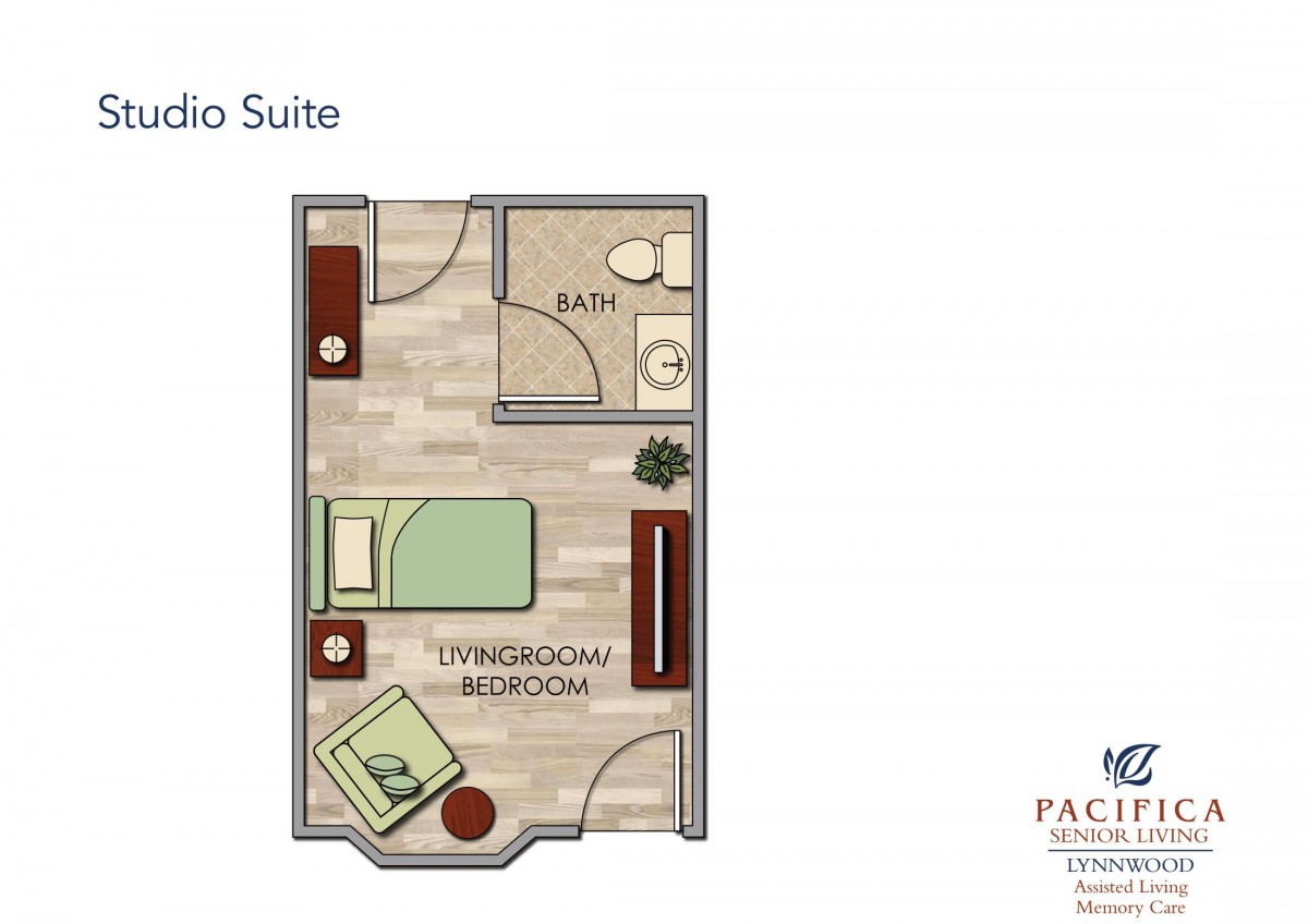 A floor plan of a studio suite featuring a bedroom and bathroom layout.