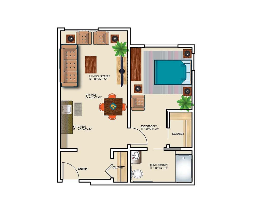 A detailed floor plan of an apartment showcasing the layout of rooms and furniture.