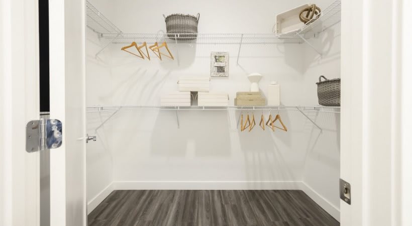 A minimalistic and organized empty closet with shelves and hangers.