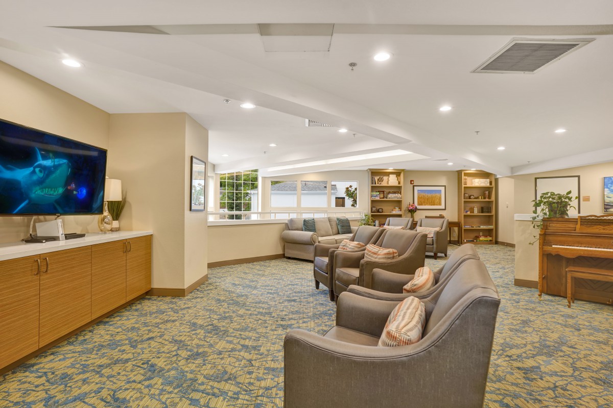 A comfortable living room with plush chairs, a wall-mounted TV, and bookshelves.
