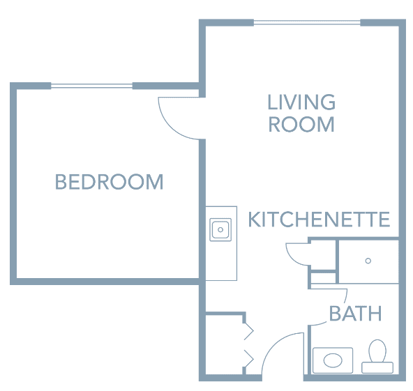 A simple floor plan of a one-bedroom apartment featuring a living room, kitchenette, and bathroom.