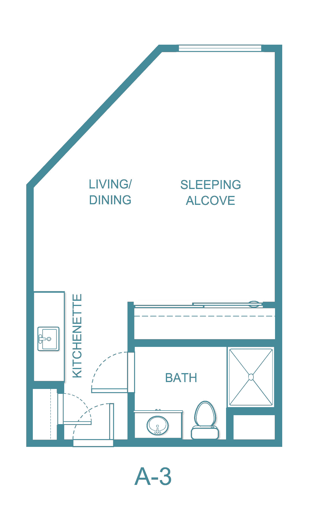 Studio apartment floor plan with kitchenette and sleeping alcove.