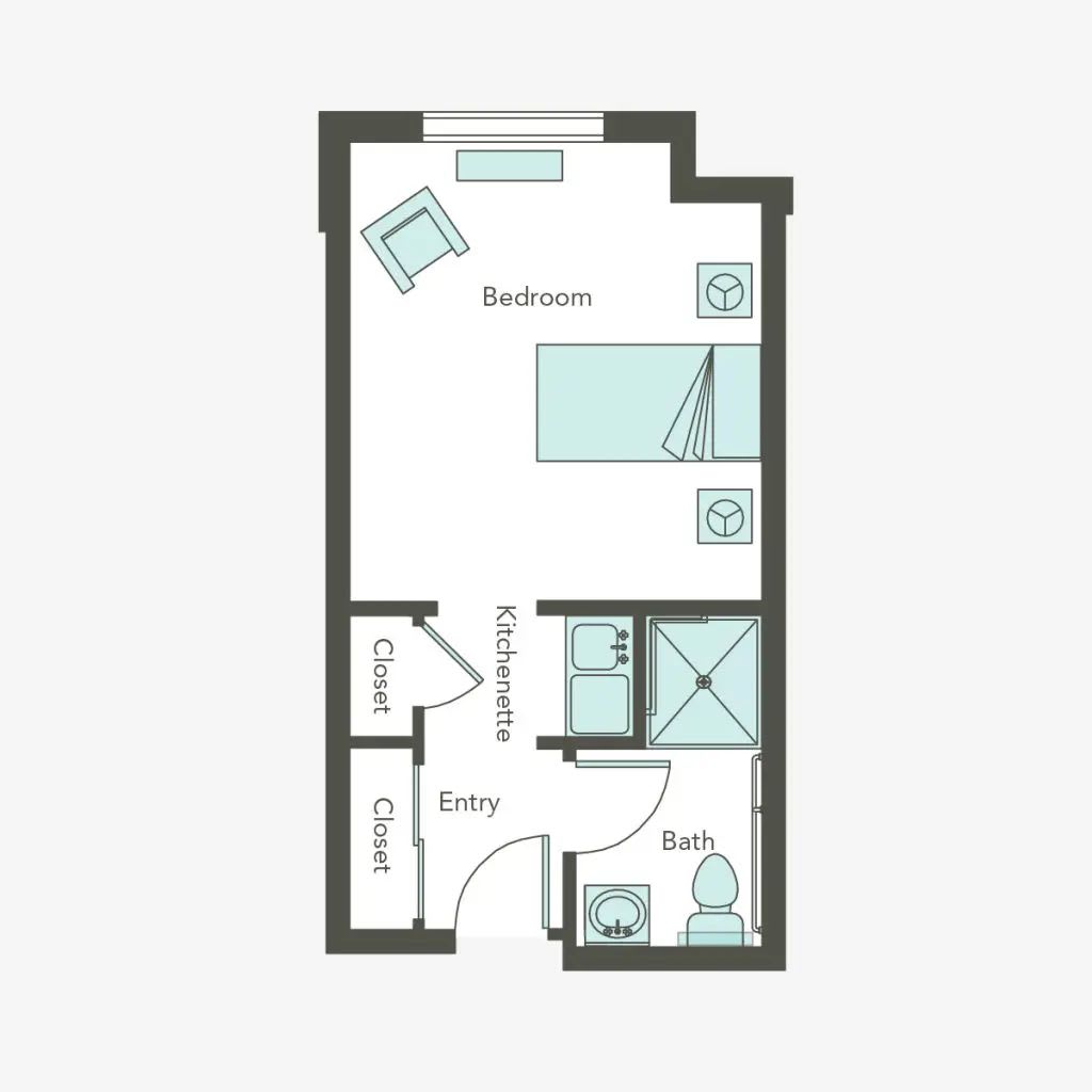 A floor plan of a compact studio apartment featuring a bedroom, bathroom, and entry area.