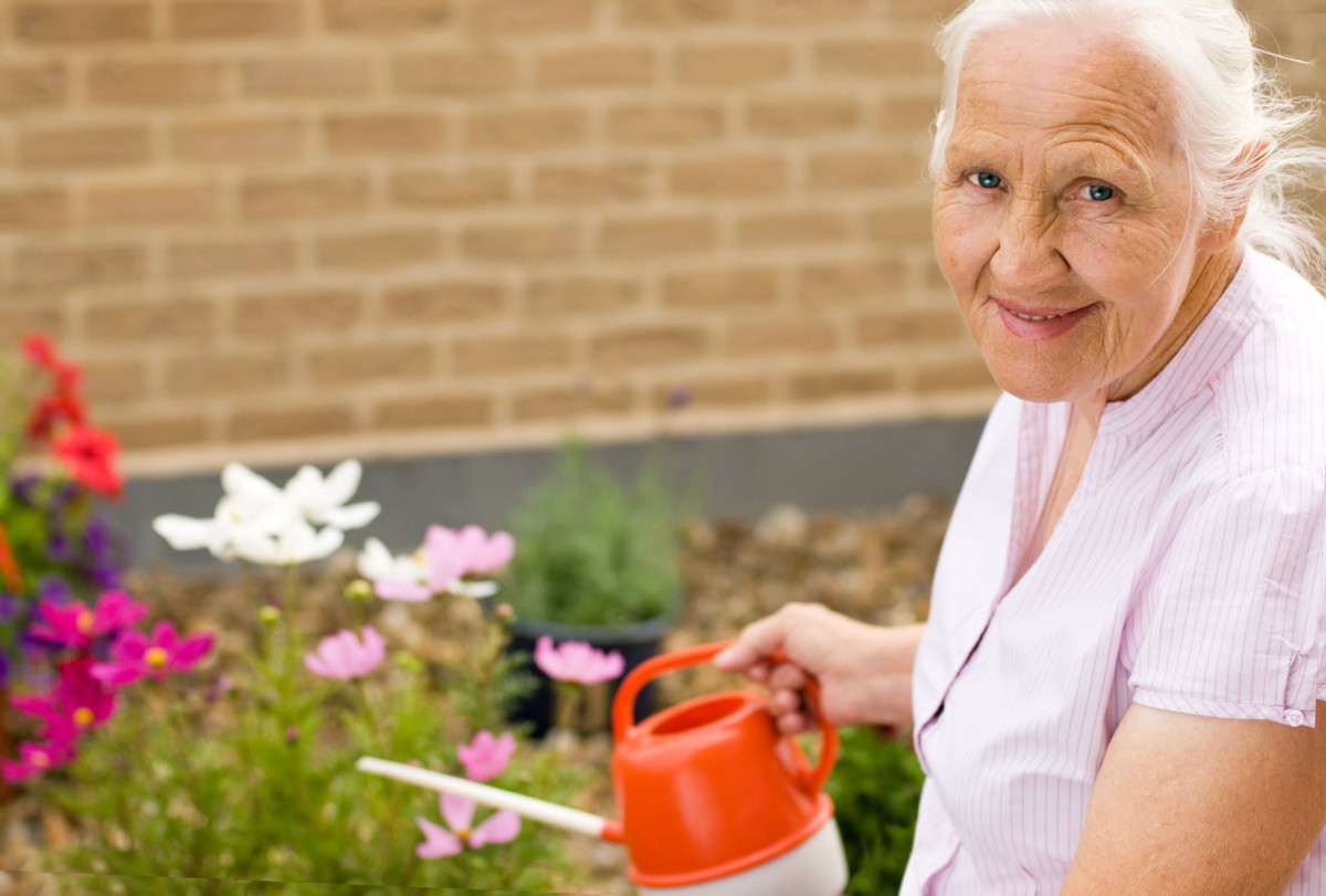 A senior woman waters her garden with a watering can.