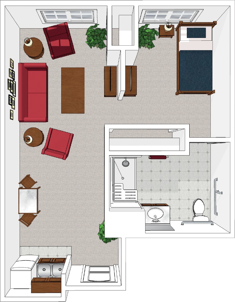 A simple floor plan showing the layout of a small apartment with a living room, bedroom, and bathroom.