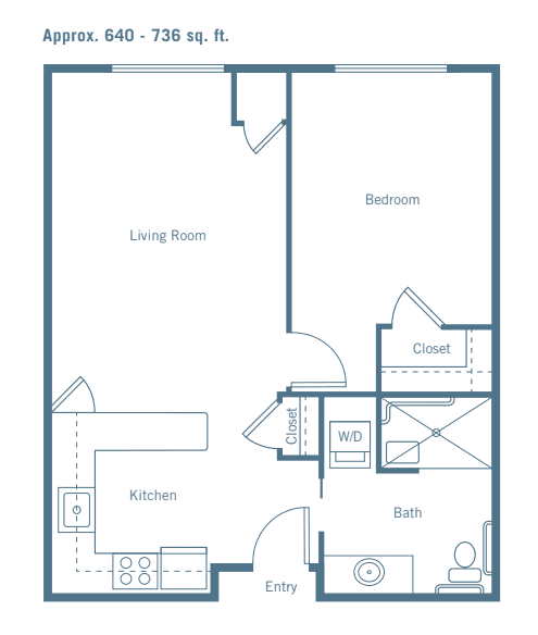 A floor plan of a one-bedroom apartment including a living room, kitchen, bathroom, and closet.