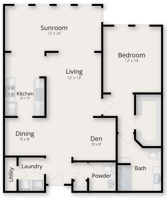 A floor plan showing various rooms including a sunroom, living room, bedroom, dining area, kitchen, laundry room, den, powder room, and bath.