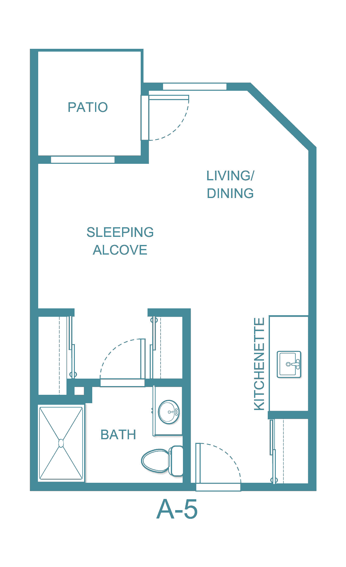 A studio apartment floor plan featuring a living/dining area, sleeping alcove, kitchenette, and bathroom.