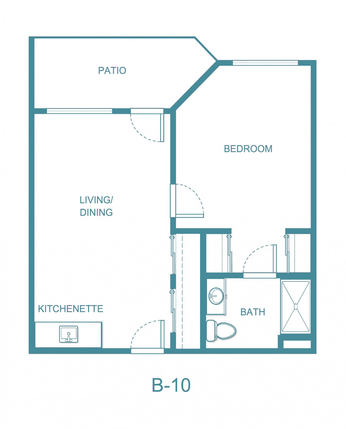 This is a blueprint of a one-bedroom apartment featuring a living/dining area, kitchenette, bathroom, and patio.