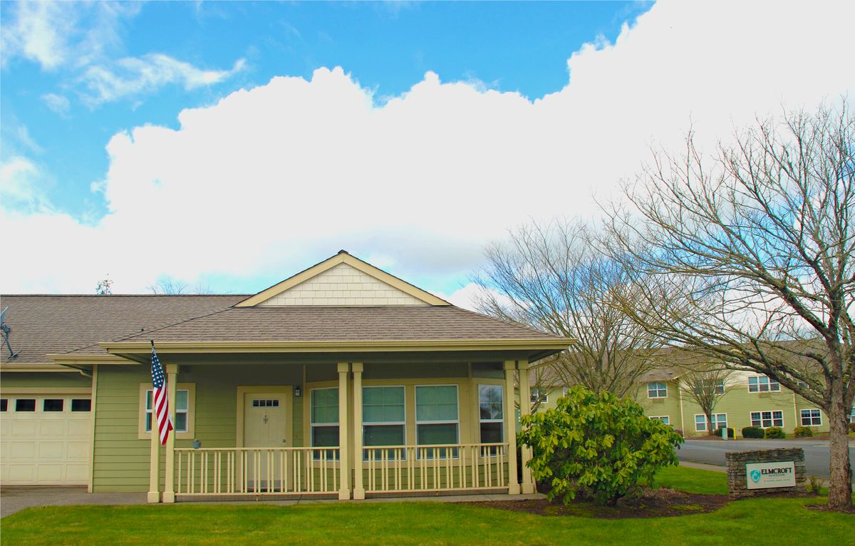 A suburban house with a front porch and an American flag, surrounded by a grassy lawn and trees under a cloudy sky.