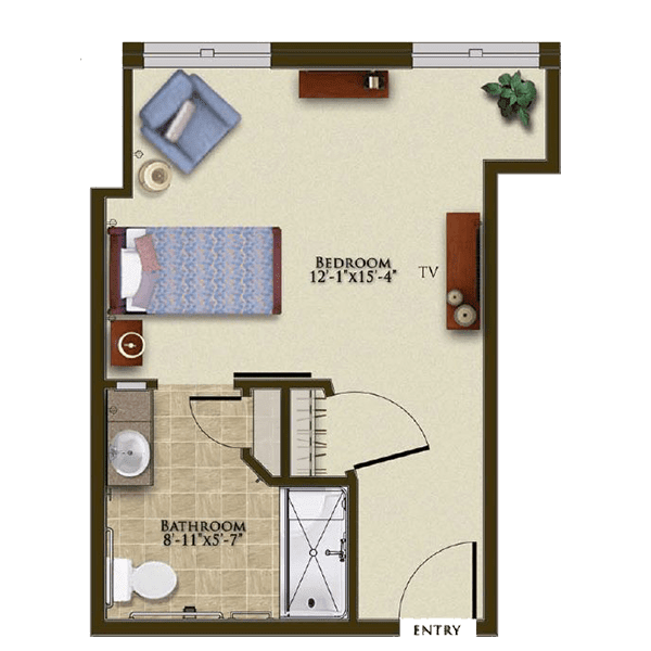 A floor plan of a studio apartment featuring a bedroom, living area, and bathroom.