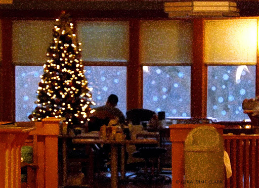 A cozy setting featuring a beautifully decorated Christmas tree, with snow gently falling outside.