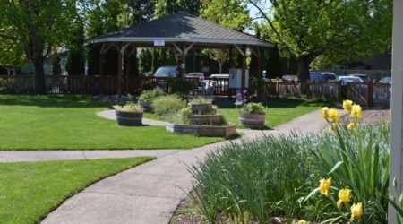 A well-maintained garden featuring a central gazebo, surrounded by lush greenery and intersecting pathways.