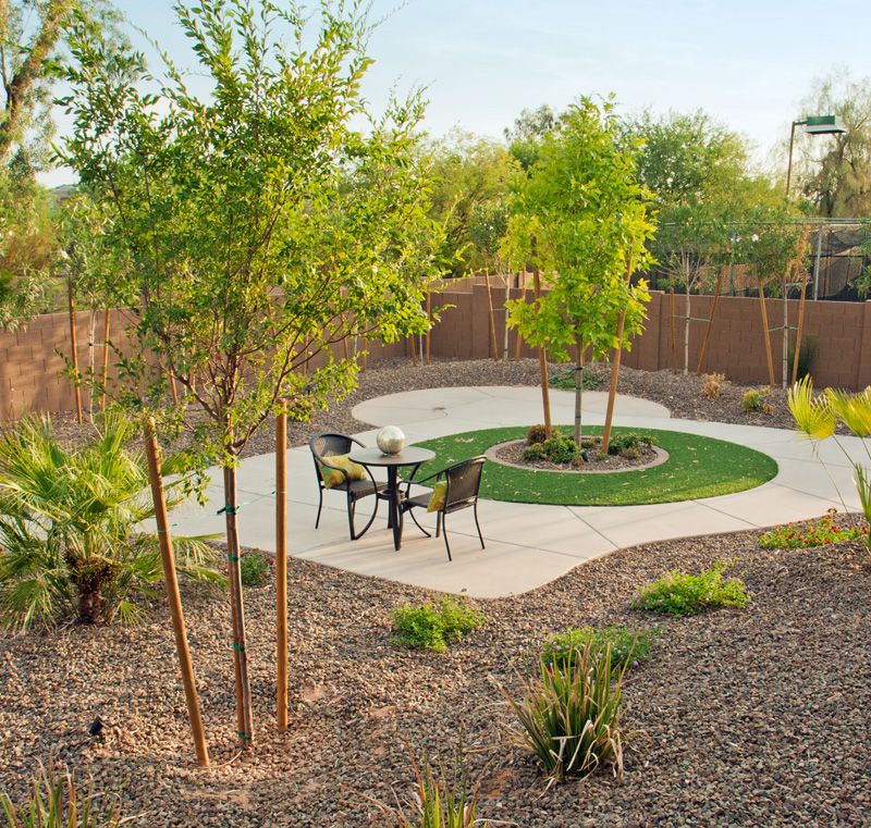 A well-landscaped backyard with a patio and outdoor seating surrounded by greenery.