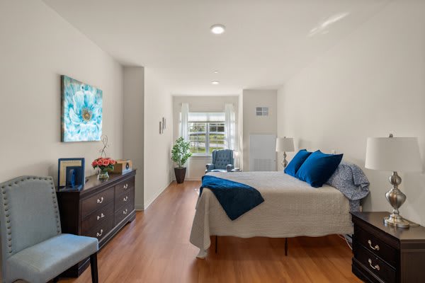 A modern, well-lit bedroom with a bed adorned with blue accents and wood flooring.