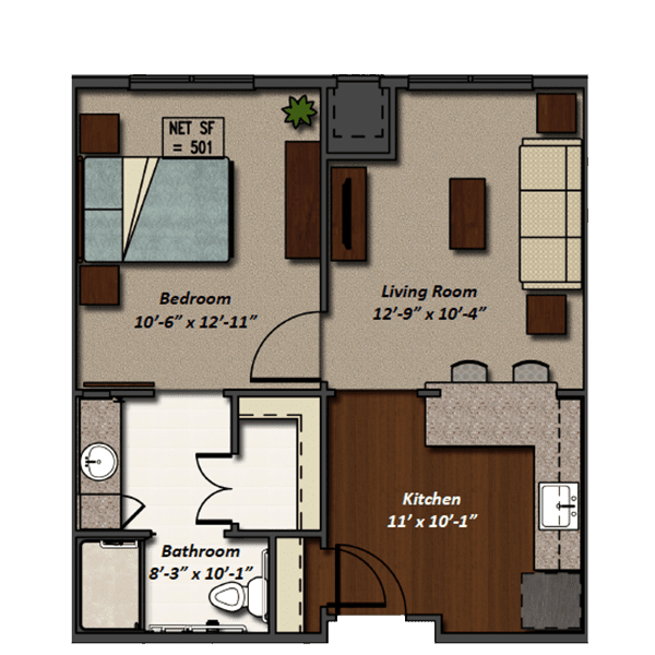 A floor plan of a one-bedroom apartment featuring a living room, kitchen, and bathroom.