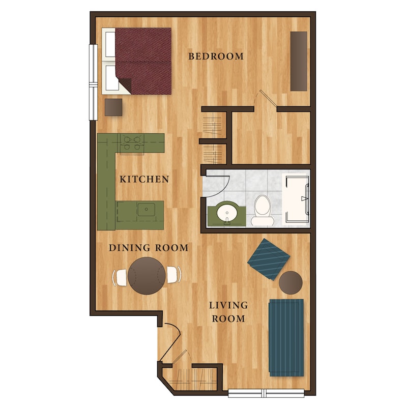 A detailed floor plan of a one-bedroom apartment featuring a living room, kitchen, and bathroom.