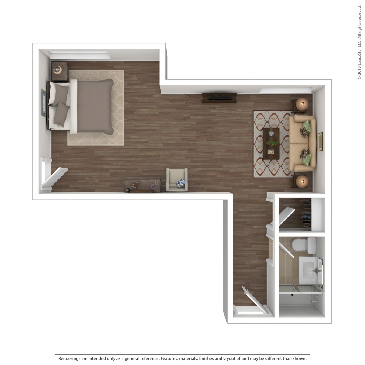A top-down view of a compact apartment floor plan with designated bedroom, living area, and bathroom.