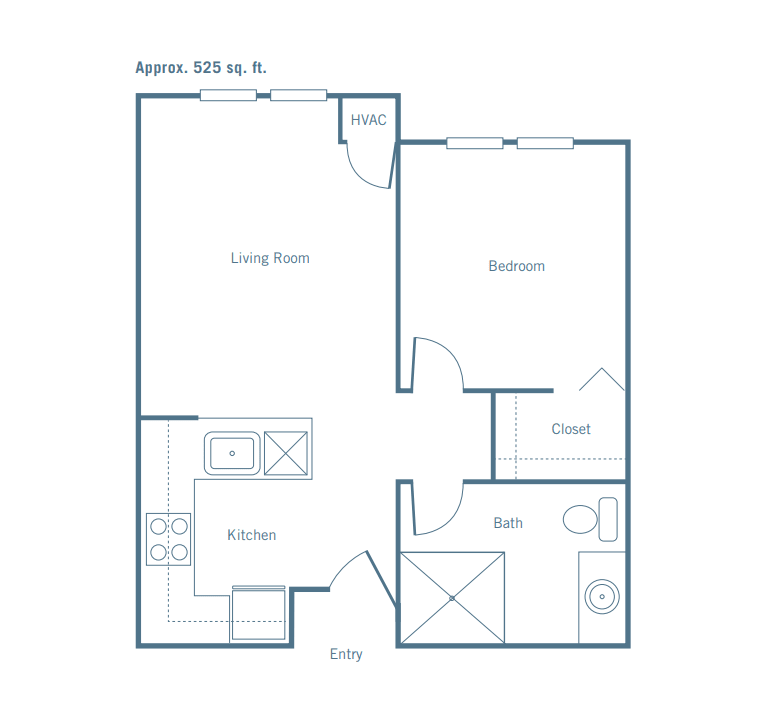 A floor plan of a one-bedroom apartment featuring a living room, kitchen, bathroom, and closet.