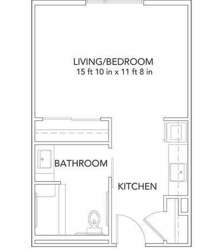 Blueprint of a compact studio apartment featuring a combined living and bedroom area, bathroom, and kitchen.
