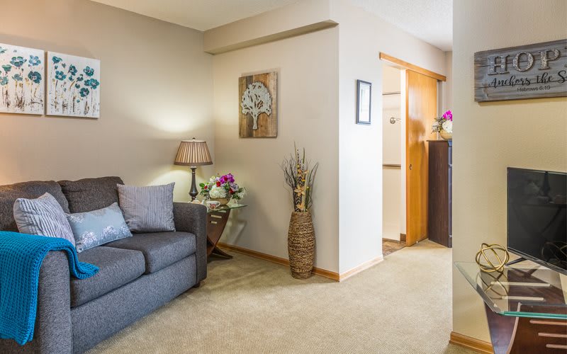 A cozy living room with a sofa, lamp, and decorative elements.