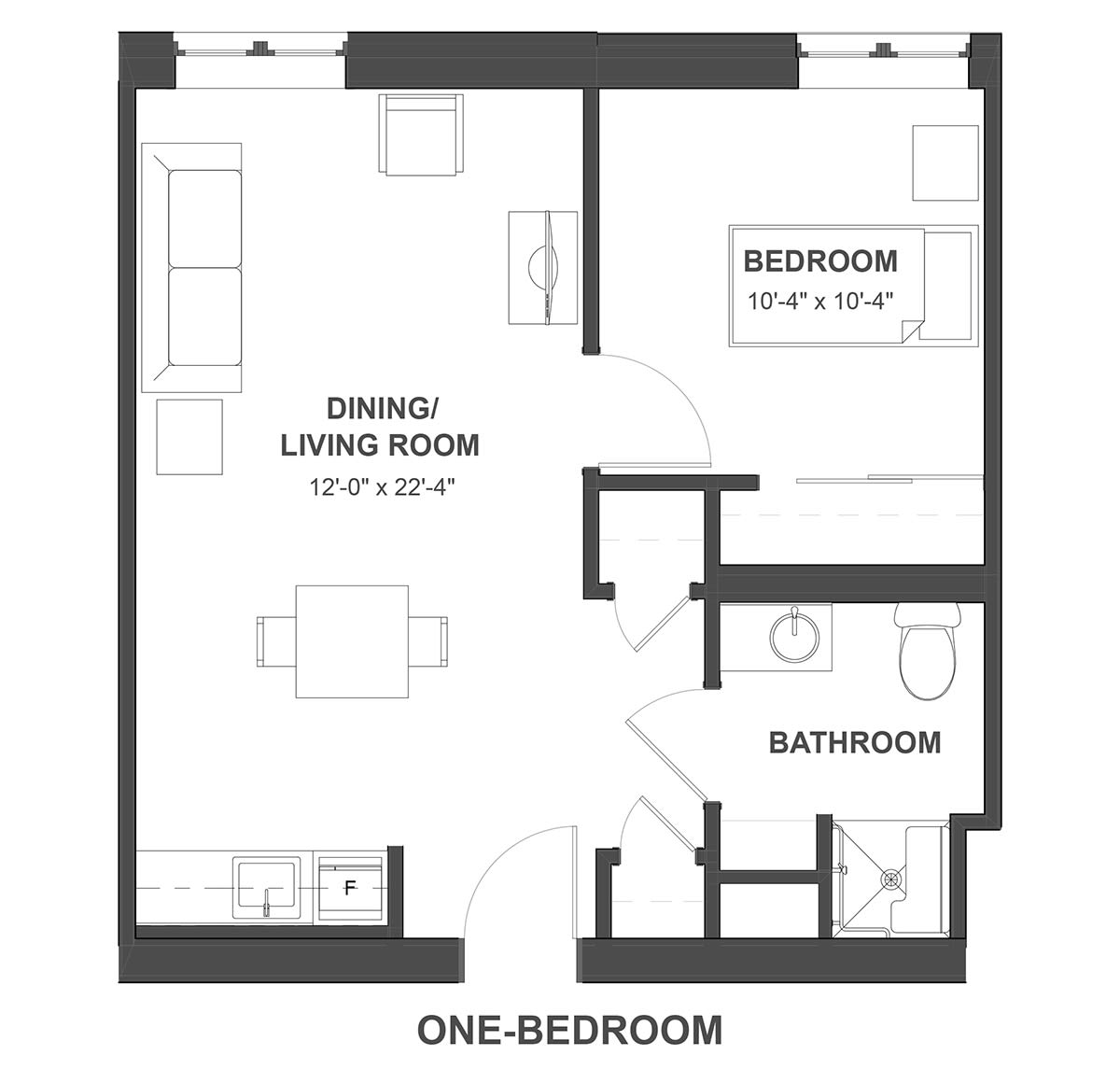 A floor plan of a one-bedroom apartment showing the layout with a living/dining room, bedroom, and bathroom.